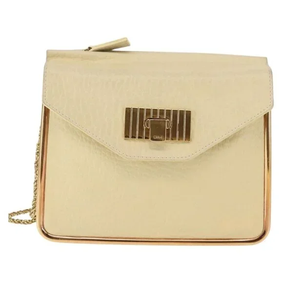 Authentic Chloe Sally Shoulder Bag Leather Beige Gold